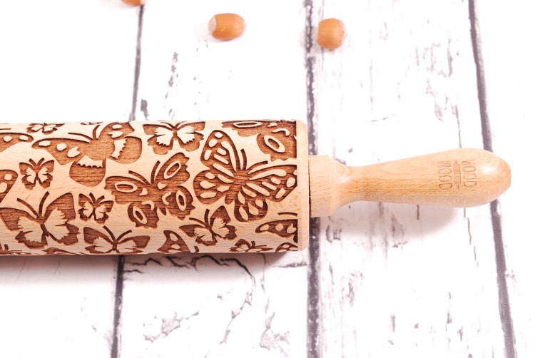 engraved rolling pin butterflies beechwood