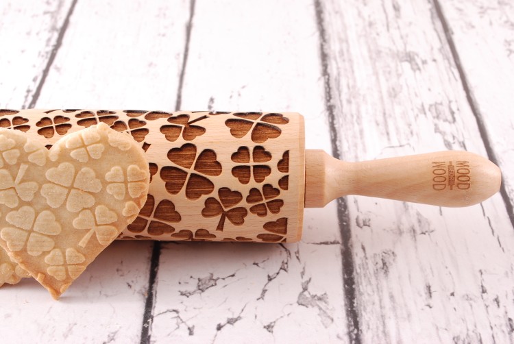 engraved wood rolling pin clover clear pattern