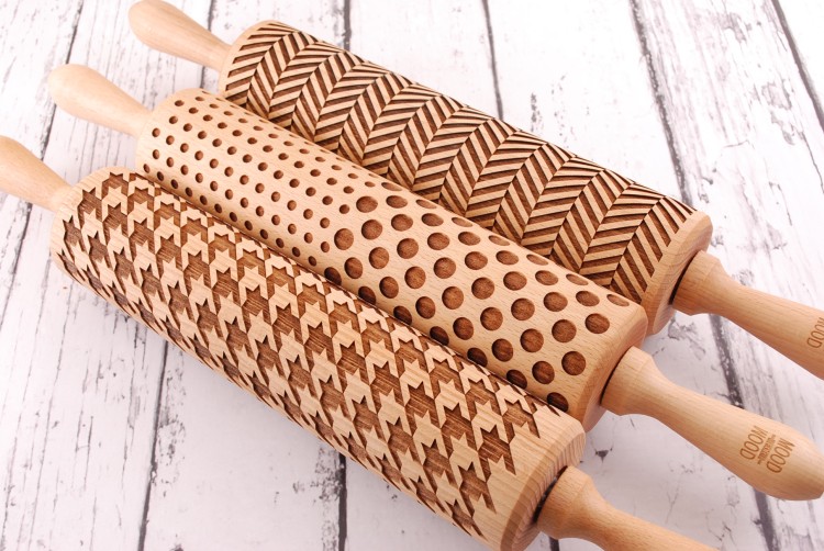 Set of wooden rolling pin with geometric designs