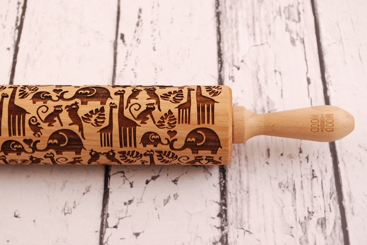 engraved wooden rolling pin jungle design
