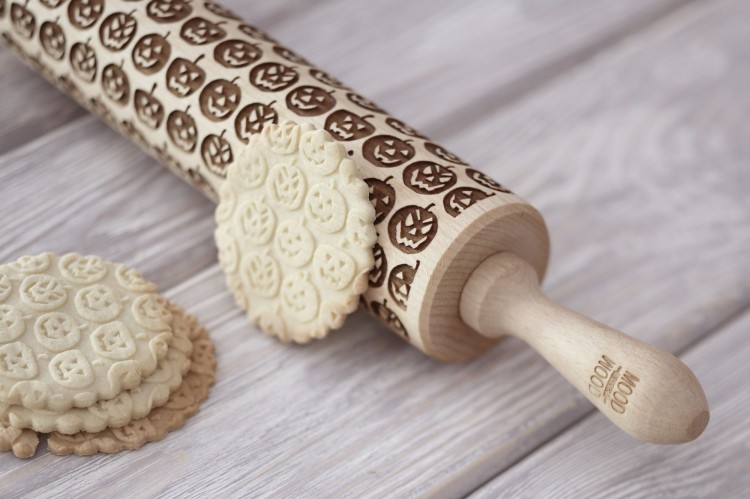 engraved wooden rolling pin pumpkins halloween