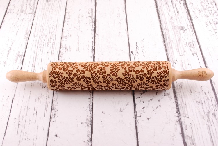 beech wood engraved rolling pin floral design
