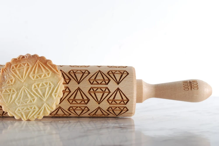 engraved wooden rolling pin diamonds beech