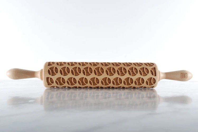 Beech cookie roller with baseball pattern raised imprint
