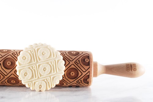 engraved DJ rolling pin in natural beech for cookies