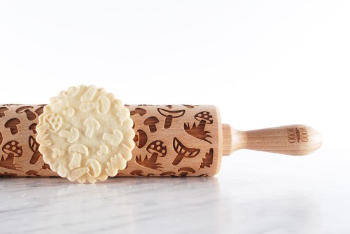 engraved wooden rolling pin beech mushrooms autumn baking