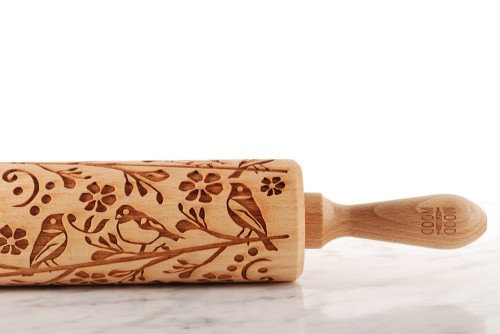 engraved wood rolling pin spring birds and flowers