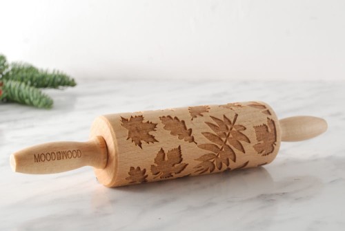 Mini wooden rolling pin with autumn leaves