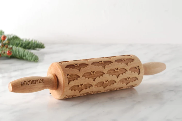 Mini wooden laser engraved rolling pin with bats