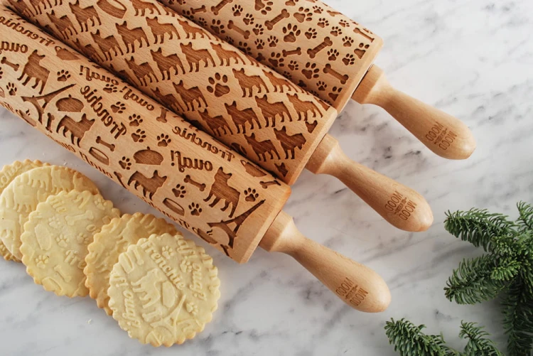 Set of 3 wooden rolling pins with French bulldog designs