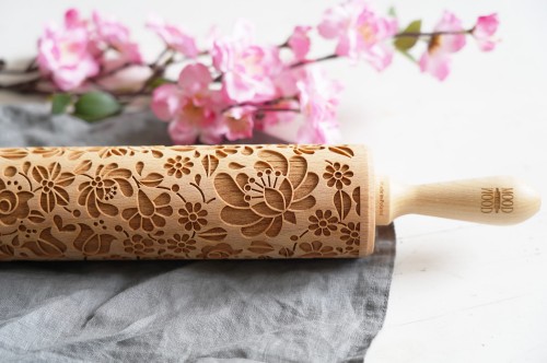 engraved wooden rolling pin Hungarian folk design