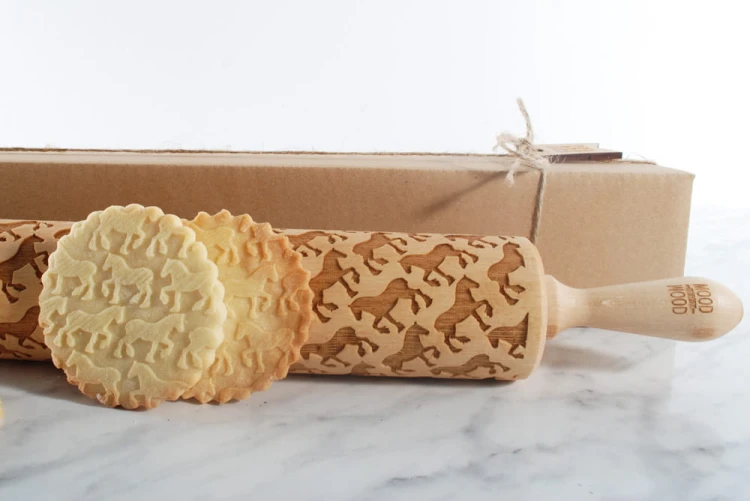 engraved handmade rolling pin horse motif