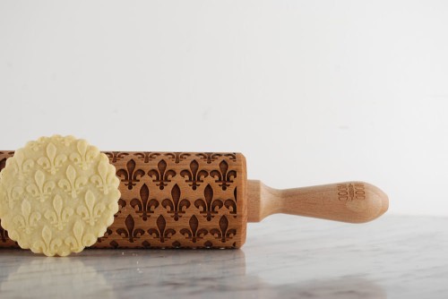 engraved wooden rolling pin fleur de lis beech