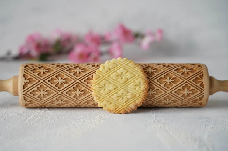 engraved wooden rolling pin hishi japanese design