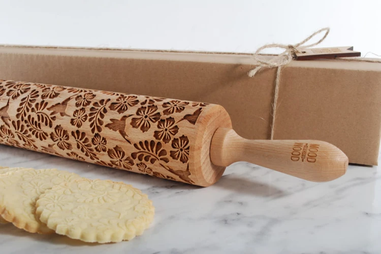 deep engraved beechwood rolling pin birds leaves