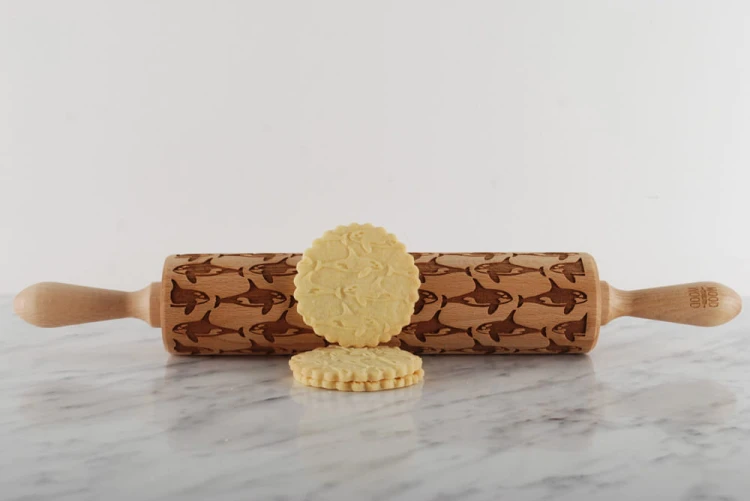 wooden cookie rolling pin orca design