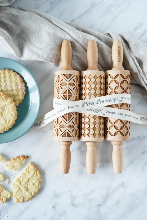 Set of 3 mini rolling pins with geometric designs