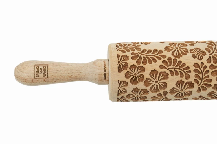handmade engraved rolling pin with flowers and leaves