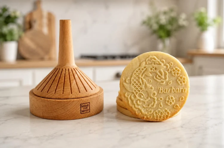 Drewniany stempel do ciastek MoodForWood prezentowany z domowymi kruchymi ciasteczkami z tłoczonym wzorem. Twórz wyjątkowe wypieki z precyzyjnymi zdobieniami, które nadają każdej partii niepowtarzalny wygląd.