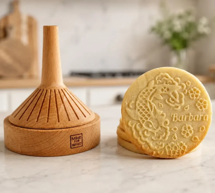 Drewniany stempel do ciastek MoodForWood prezentowany z domowymi kruchymi ciasteczkami z tłoczonym wzorem. Twórz wyjątkowe wypieki z precyzyjnymi zdobieniami, które nadają każdej partii niepowtarzalny wygląd.
