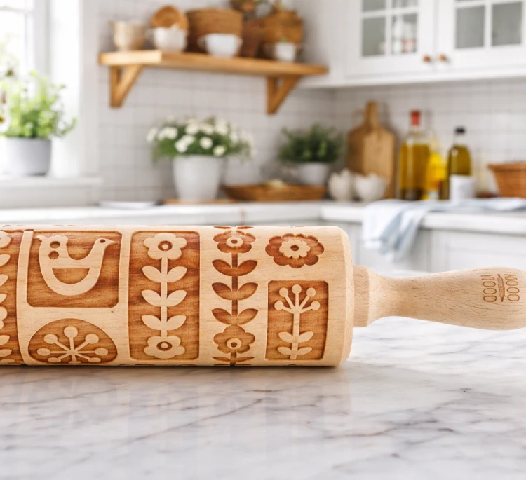 Scandinavian beech wood rolling pin, laser engraved by Mood for Wood.