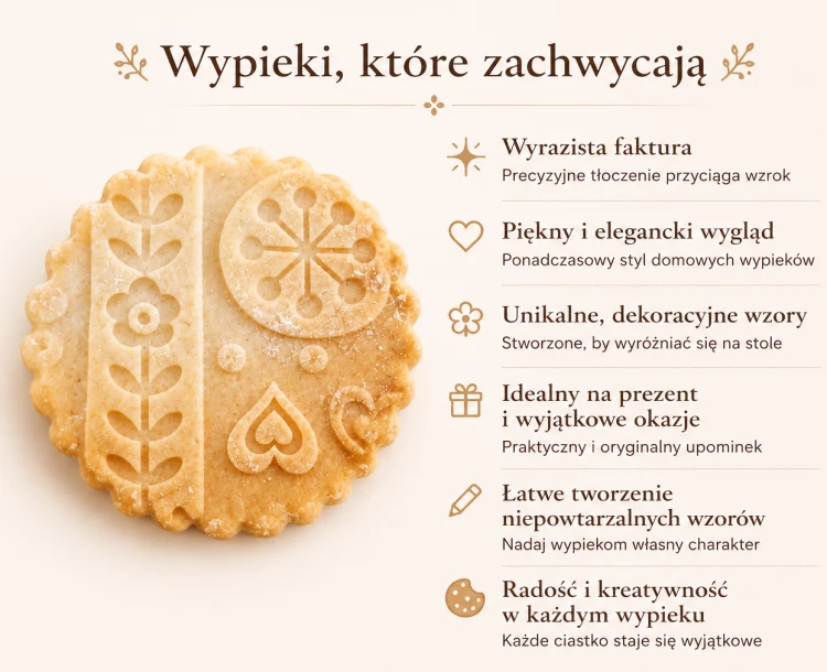 Efekt pieczenia z drewnianym wałkiem do ciasta z folkowym wzorem. Precyzyjne tłoczenie tworzy dekoracyjne ciasteczka o wyraźnych detalach i wyjątkowym, ręcznie wykonanym charakterze.