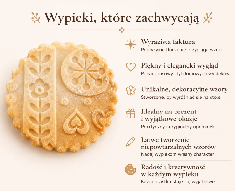 Discover the beautiful baking results created with our engraved wooden rolling pin. The traditional folk pattern leaves crisp, detailed impressions, transforming homemade cookies into beautifully embossed treats.