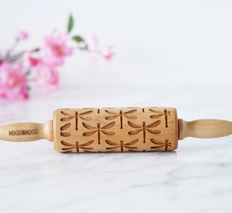 Mini wooden rolling pin engraved with dragonflies