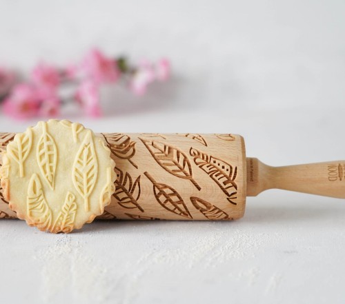 engraved rolling pin feathers boho
