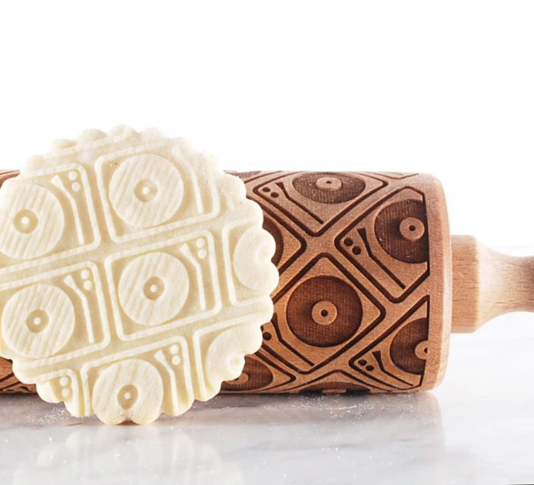 engraved DJ rolling pin in natural beech for cookies