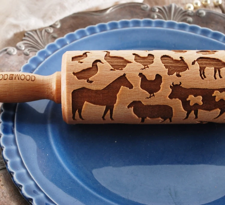 Mini rolling pin laser engraved with barn animals
