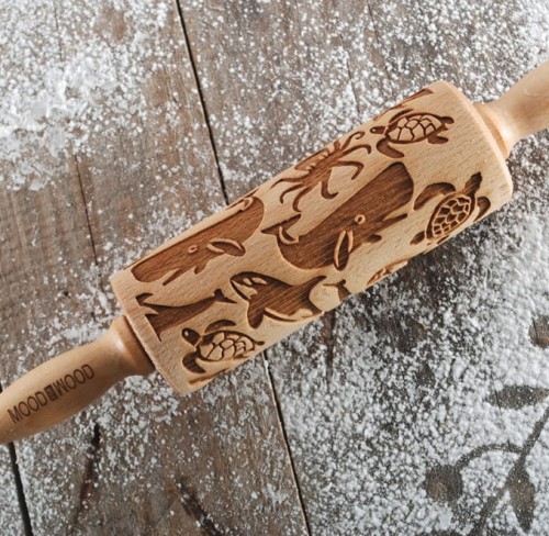 Mini drewniany wałek do ciasta laserowo grawerowany, życie oceanu