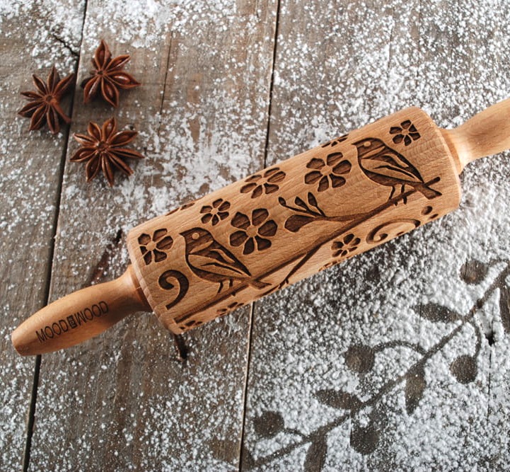Beautiful spring design on wooden rolling pin - from Mood for Wood