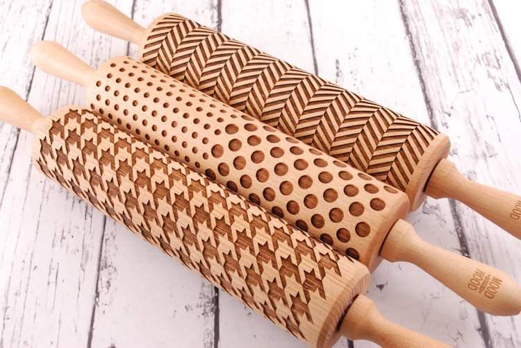 Set of wooden rolling pin with geometric designs