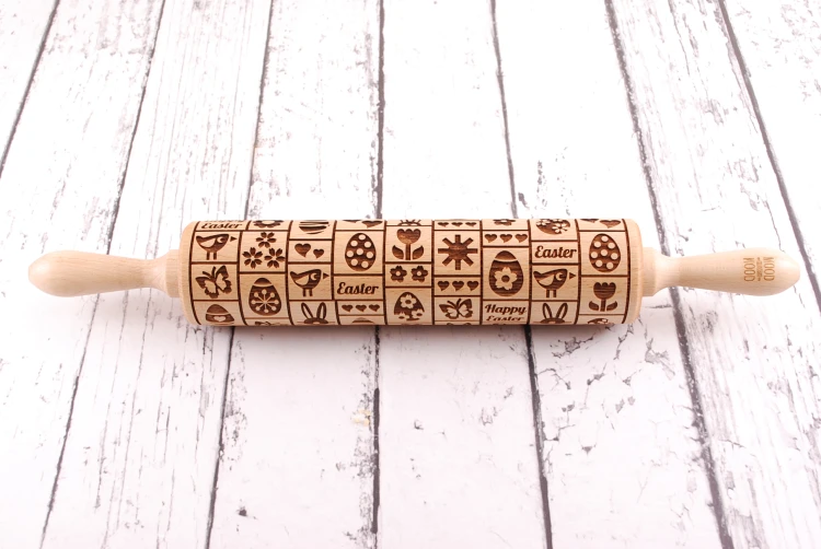Easter design on wooden rolling pin for Easter cookies